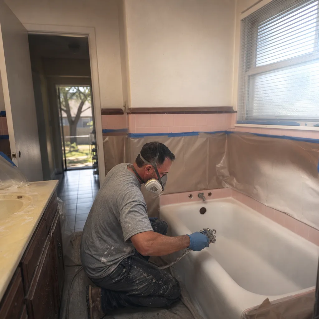 Technician refinishing bathtub surface in Richardson home near Prairie Creek Park