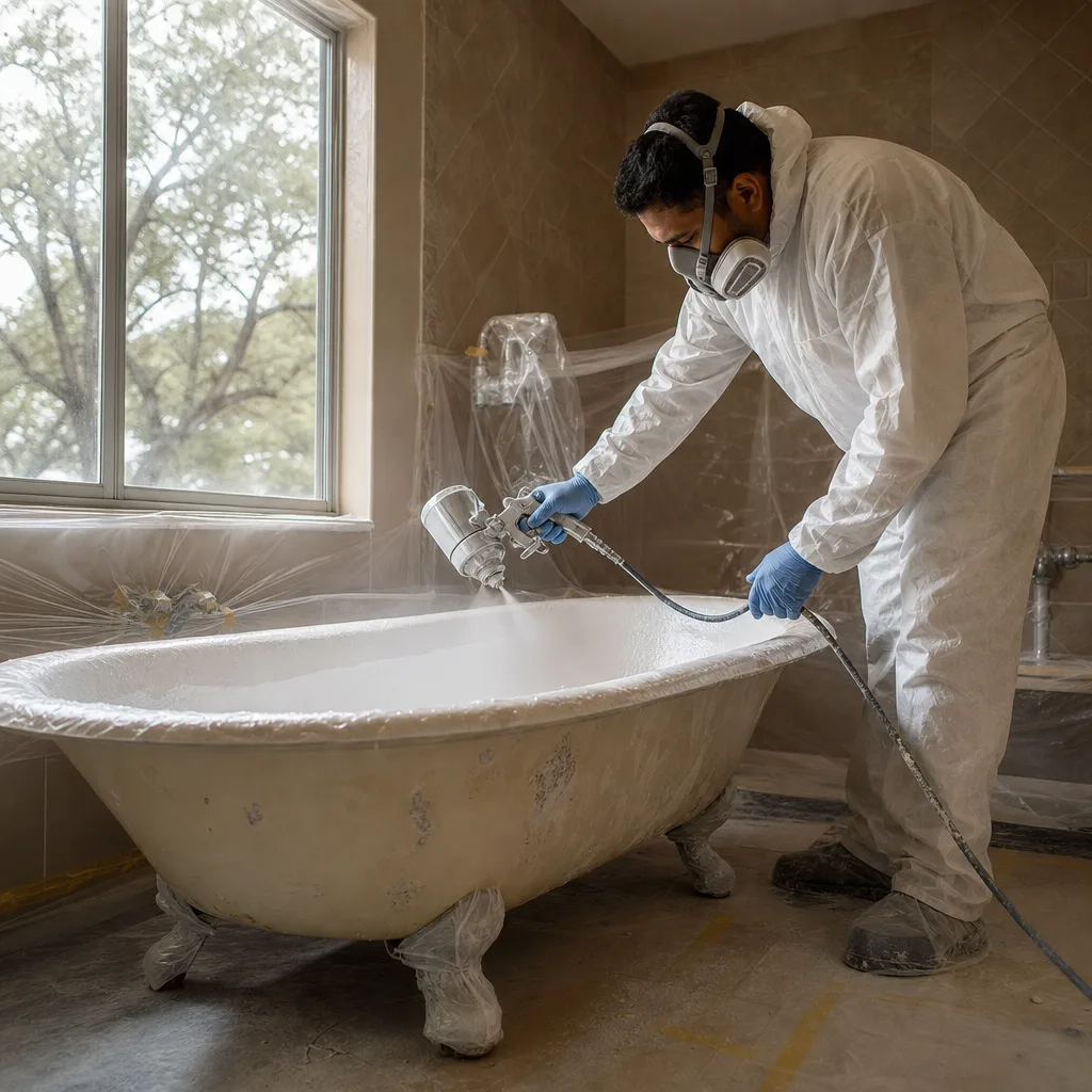 Technician refinishing a clawfoot bathtub near Rheudasil Park in Flower Mound home