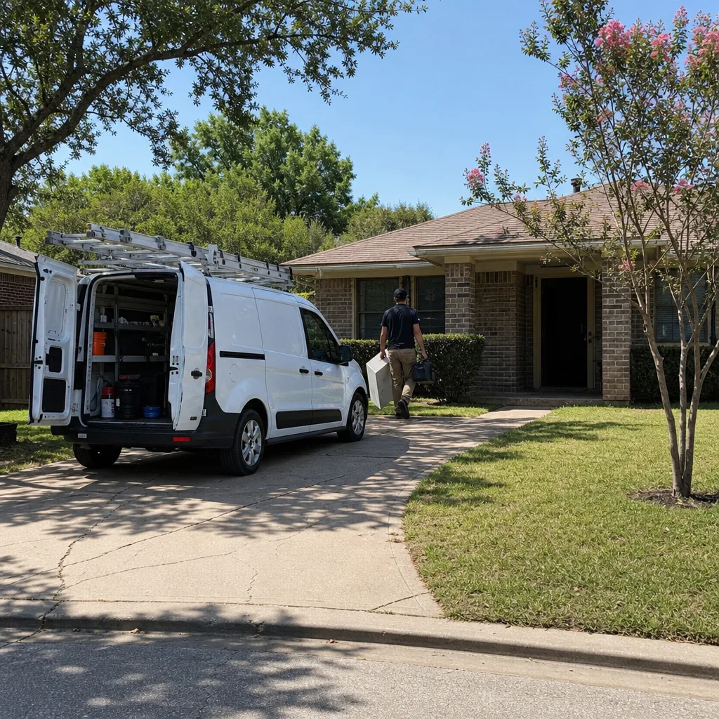 Refinishing van parked at brick ranch home driveway near Rheudasil Park in Flower Mound