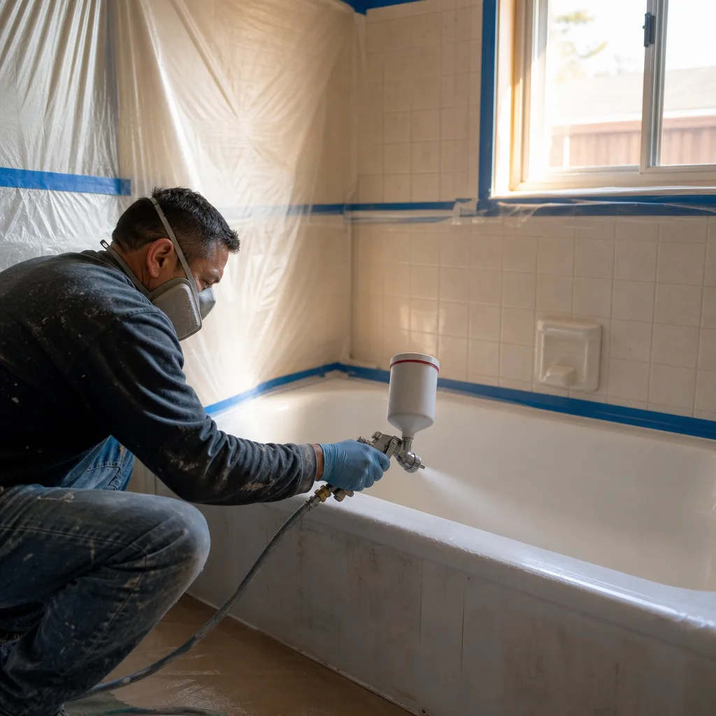 Bathtub refinishing technician coating a worn tub in a Garland home near Yarborough Park