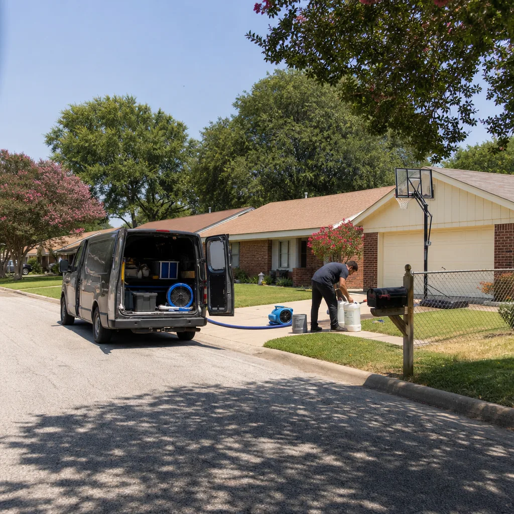 Service van unloading bathtub refinishing supplies on a Garland street near Yarborough Park